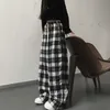 Pantalon Femme Capris JMPRS Harajuku Noir et Blanc Plaid Femmes Été Casual Pantalon Large Jambe Mode Coréenne Lâche Droite Y2k Bas 230313