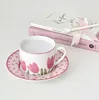 Wunderschönes, frisches Schachbrett-Tulpenblumen-Tasse- und Teller-Set für Kaffee- und Teetassen