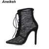 Laarzen aneikeh zwarte mesh dames laarzen mode puntige teen veterhoge hakken vrouwen transparante enkel laarzen vrouwelijke sandalen pompen jurk 230314