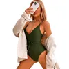 Women's Swimwear Hollowed Out Back One-piece Swimsuit Women's Pure Green Sexy V-neck Bow Bikini Swimsuit 2023 Women's Swimsuit Beach Wear