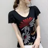 女性のTシャツ夏ヨーロッパの服メッシュTシャツファッションセクシーなVネックの光沢のあるダイヤモンド女性トップ