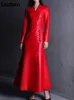 Kadın Ceketleri Lautaro Bahar Sonbahar Uzun Kırmızı Siyah Takılmış Yumuşak Sahte Deri Ceket Çin Düğüm Düğmeleri ile Kadınlar Boyun Tasarımcı Giysileri 230313