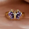 Fedi nuziali di lusso femminile farfalla di cristallo anello sottile fascino color oro fidanzamento delicato zircone viola pietra per le donne