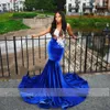 African Royal Blue Velvet Long Prom Dress For Black Girls 2023 O Neck Appliques Evening Gowns Mermaid Birthday Party Gown Robe De Bal