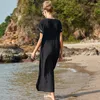 Sukienki swobodne duże czarne hafty haftowe w szyku w szyku w dekolcie letnia sukienka na plażę Tunik Women Beachwear Batwing długi