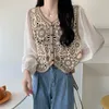 Women's Blouses Vintage Hollow Out Floral Women's Blouse Korean Patchwork V-neck Short Shirt Tops Woman 2023 Spring Long Sleeve Shirts