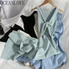 Lässige Kleider Oceanlove koreanische gestrickte Robe Femme Sommer V-Ausschnitt ärmellos Kink aushöhlen sexy schlankes, figurbetontes Kleid Split Fork Long Vestidos 230313