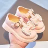 Sneakers Spring Autumn Girls Leather Shoes with Bow-knot Pearls Beading Princess Sweet Cute Soft Comfortable Children Flats Kids Shoes 230313