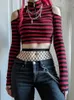 Women's T Shirts Goth Dark Grunge Striped Mall Gothic Basic T-shirts Punk E-girl Aesthetic Bodycon Casual Crop Tops Long Sleeve Open