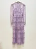 Casual jurken 2023 Lente zomer elegante ruches kanten mesh patchwork lange mouw maxi voor vrouwen vintage paarse feestjurk
