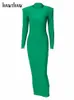 Casual Dresses Hawthaw Shoulder Padded Long Sleeve BodyCon Green Party Club Maxi Dress Spring Autumn Women Fashion Elegant Clothes 230313