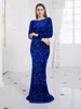 Party Dresses Royal Blue Stretch Sequin Floor Length Evening Night Dress Full Sleeve Bodycon Black Mermaid Party Dress 230314