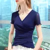 Women's T-Shirt Cross V-neck Short-sleeved T-shirt Women's Summer Women's Solid Color Mesh Bottoming Shirt Wood Ear Stretch Top 230314