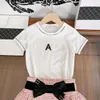 23ss brand kids designer Short sleeve skirt suit Round neck Pure cotton logo Stick drill t-shirt Bow tie Thousand-bird lattice skirt set Summer latest kid clothing a1