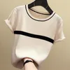 Women's T-Shirt Camisetas Mujer Thin Knitted T Shirt Women Short Sleeve Summer Tops Woman Clothes Striped Fashion T-Shirt Tee Shirt Femme 230314