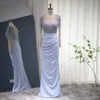 Hemelblauwe zeemeermin Arabische avondjurken Dubai Luxe parels kristal pure lange mouwen moslim prom formele jurken gewaad de soiree 2023 Vestidos feest