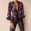 Women's Blouses Fashion PU Splicing Print Shirt Women Spring Autumn Laple Long Sleeve Single Breasted Slim Blusas Mujer De Moda 2023