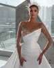 Modest Mermaid Illusion Wedding Dress 2024 Sheer Neck Jewel Crystals Beading Long Sleeves Satin Bridal Gowns Robe De Mariee Civil For Women