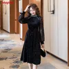 Party Dresses Women Year Winter Spring Basic Wear Sexig Sheer Mesh French Black Long Elegant Party Pärled Bling Velvet Dress 5869 230314