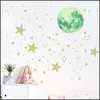 Adesivos de parede brilham nas estrelas escuras para o teto decalques de lua fluorescente, decoração de quarto da sala de estar infantil 220607 dhjke