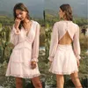 Casual jurken vrouwen sexy v nek lange mouw open rug geprinte jurk mini short chiffon