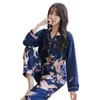 女性用スリープウェア秋と冬のパジャマは、女性用パジャマのための女性の絹のサテンの長袖パジャマ230408のセット