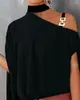 女性のブラウス2023女性チェーンストラップコールドショルダーケープデザイントップファッション春夏非対称長袖ボーホンTシャツカジュアル