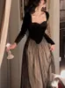 Partykleider Elegantes Langarm-Midikleid Frau Schlankes französisches Vintage-Samtkleid Party Casual Koreanisches Modekleid Weiblich Herbst Chic 230314
