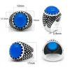 Cluster Rings Real Pure 925 Sterling Silver Male Ring Prong Setting Oval Blue Agate Stone Men Vintage Geometric Polka Turkish Jewelry