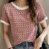 Women's T-Shirt Retro Summer Ice Silk Short Sleeve Women T-Shirts Tassel Button Patchwork Knitted Top 230314
