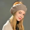 Berets Autumn Winter Berets Hat Women Casual Knitted Wool Beret with Real Raccoon Fur Pom Ladies Angola Cashmere Beret Hat Female 230314