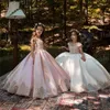 Girl Dresses Vintage Pink/Ivory Princess Flower Gold Lace Appliqued Wedding Party Gown Kids Birthday