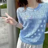 Blusas femininas de alta qualidade com design azul vazado malha camiseta moda letra F verão camiseta feminina de manga curta