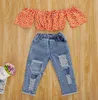 Enfant en bas âge enfants bébé fille ensembles vêtements hors épaule Orange Floral imprimé hauts T-Shirt Denim pantalon tenues 2 pièces