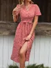 파티 드레스 여자 드레스 여름에 꽃 프린트 v 짧은 소매 버튼 다운 셔츠 드레스 여성용 간단한 우아한 파티 드레스 230314