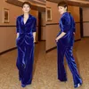 Party Dresses Blue Velvet Two Pieces Evening Outfit V Neck Long Sleeve Slim Fit Women's Suits Custom Made Female Casual Clothes