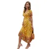 Party Dresses Summer Vintage Yellow Floral Print V-hals Sashes Long Dress Women Short Sleeve Boho Cotton Casual Slim Holiday Maxi Dresses 230314