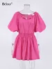 Women's Two Piece Pants Bclout Pink Linen Dress Suits Women Summer Lantern Sleeve Loose Top Elegant Pleated Mini Skirts Set 2 Pieces Woman Outfits 2022 L230314