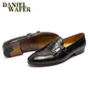 Luxury Men's Loafers Genuine Leather Shoes Brown Black Double Monk Strap Slip on Pointed Toe Office Wedding Dress Casual Shoes