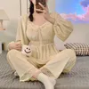 Kvinnors sömnkläder vinterlång ärm Sexig spets v-ringning guld sammet pyjama set för kvinnor koreanska sömnkläder pyjama hemkläder pijama mujer kläder 230314