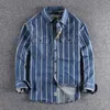 Mężczyzn Casual Shirts Autumn niestandardowe tkane w paski Unane zużyte dżinsowe koszulę mężczyzn w stylu pracy amerykański retro trend młodzież 230313