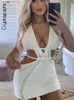 Party Dresses Cryptographic Halter Sexy Backless Knit Hollow Out Mini Dress Outfits for Women Club Party Sleeveless Elegant Dresses Bodycon L230313