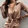 Casual jurken groen bruin satijnen shirt jurk zomer tie front ruches met lange mouwen knopen gebogen zoom vrouwen rechte mini