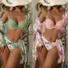 Costumi da bagno da donna Floral Twist Vita bassa Bikini Set Cover Up Costume da bagno per donna Push Manica lunga Tre pezzi 2023 Costumi da bagno da spiaggia 230313