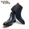 Luxury Men Ankle Boots Leather Shoes Black Blue High Grade blixtlås Buckle Strap Chelsea Boot Office Wedding Dress Boots For Men