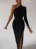 Casual jurken lang elegant voor vrouwen zomer een schouder maxi bodycon sexy zwarte spleet fomal bruiloft avondfeest 230313