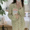 Women's Sleepwear Autumn Winter Crepe Cotton Two Piece Set Sleepwear Women Pajamas Set High Quality Pants Home Set Floral Print Vintage Y106 230314