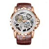 Zegarek oblvlo najlepsze marka Casual Men Men Mechanical Watches Rose Gold Steampunk Skeleton Automatyczne autentyczne skórzane wodoodporne zegarek