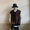 Men S vesten plaid retro trui Vest mannen Japans design herfst alle match preppy stijlvolle unisex kleren Harajuku mode breien streetwear 230313