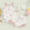 Kläder sätter sommar småbarn födda baby flickor kläder set våffla blommor tryck ärmlösa bodysuitsruffes dragstring shortsheadband 230313